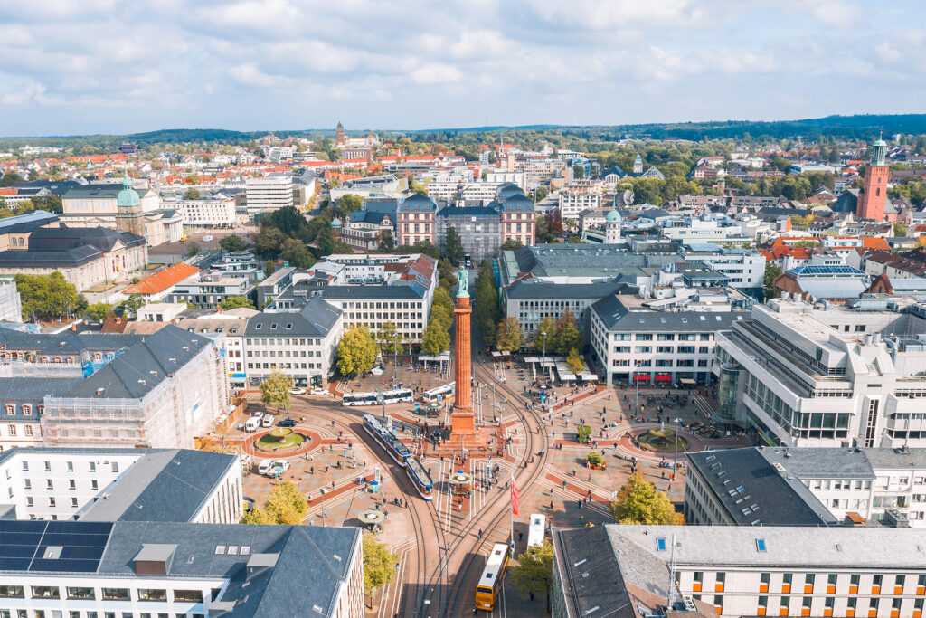 Aerial view over Luisenplatz square of the city Darmstadt