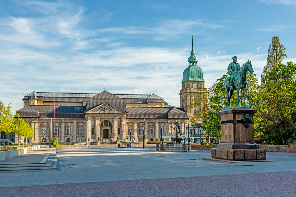 View over Friedensplatz square to the Hessian State Museum in Darmstadt