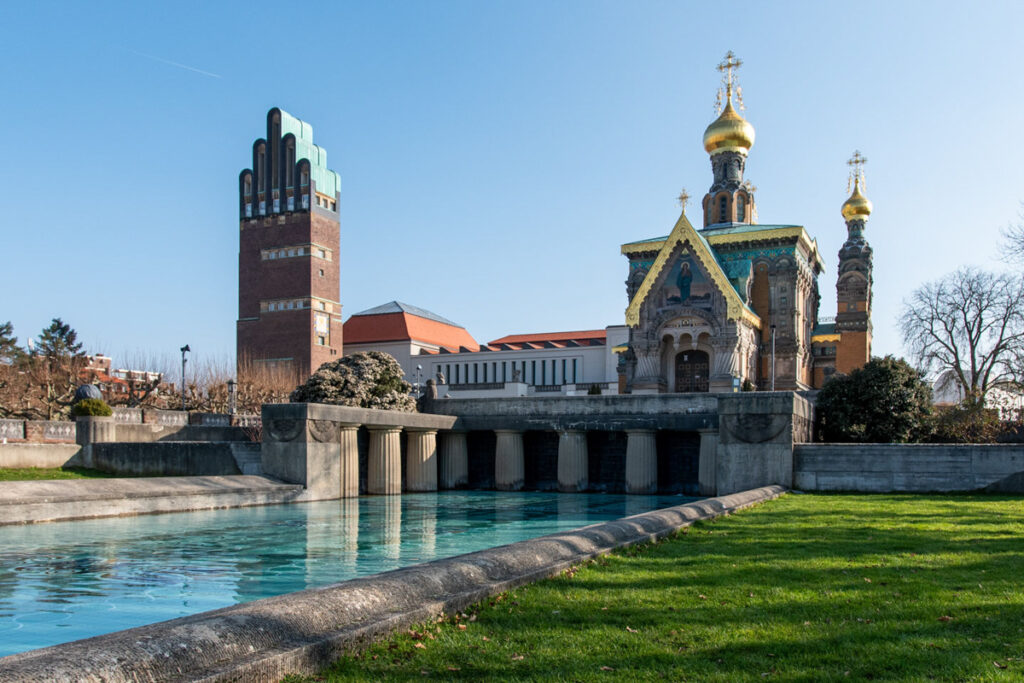 View of the "Mathildenhöhe" with Wedding Tower, Exhibition Building and the Russian Chapel.