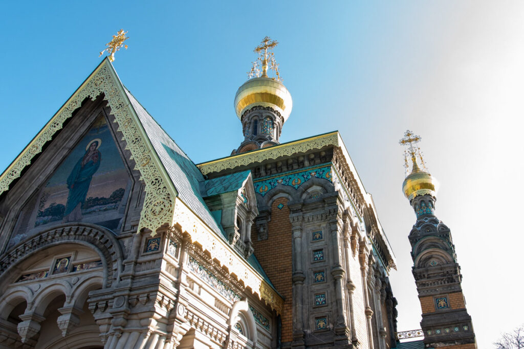 A low angle shot of the Russian Chapel.